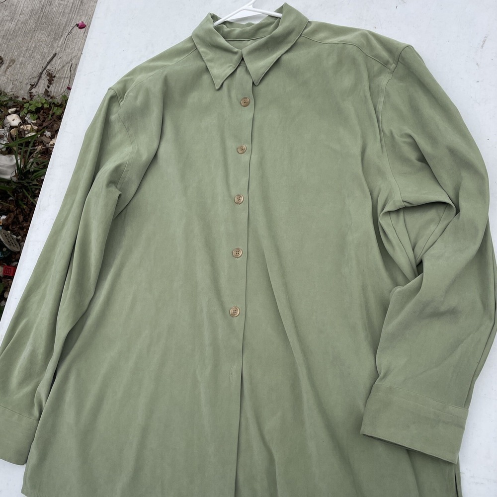 Real Comfort Womens Sz L 100% Linen Button Down Long‎ Sleeve Shirt Green